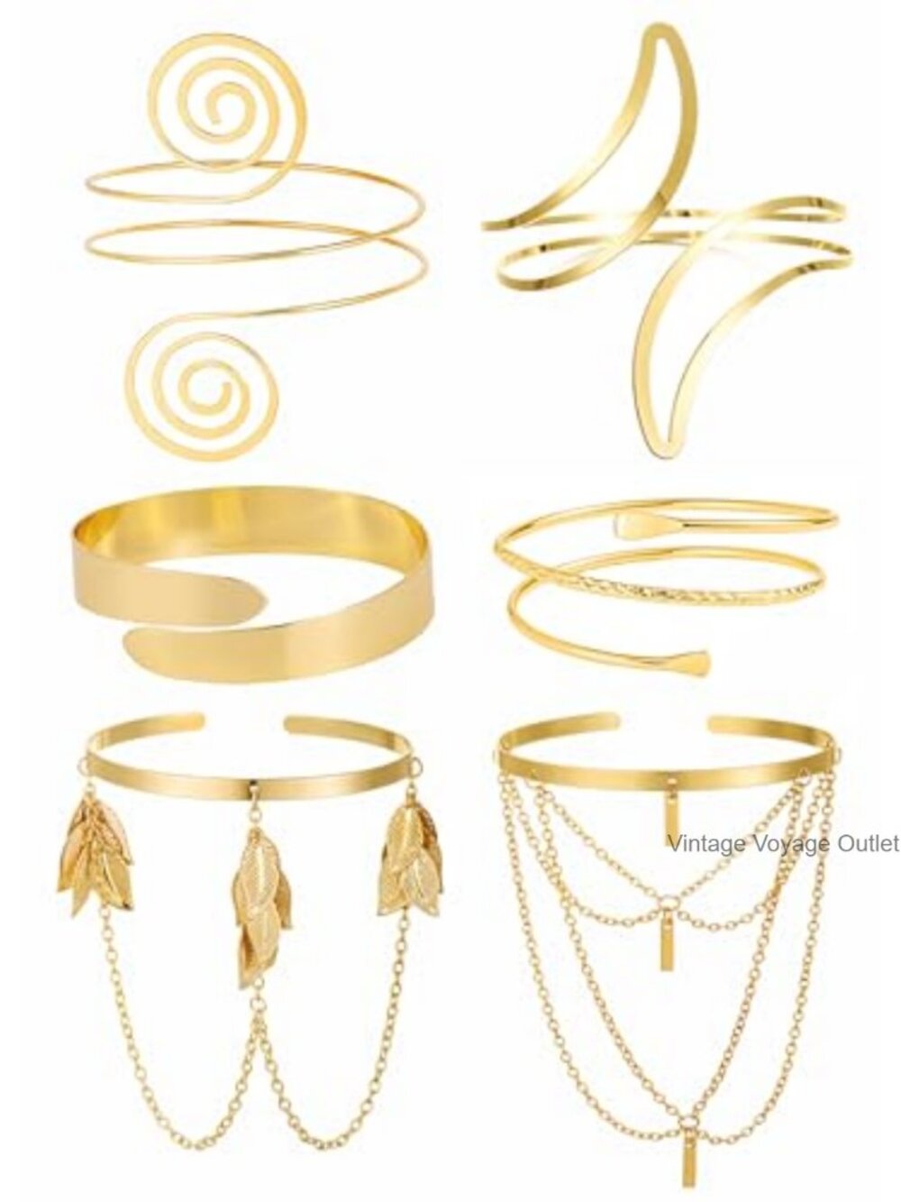 6 Pc Gold Plated Arm Cuff Set Adjustable Upper Arm Jewelry Open Cuff Bracelets